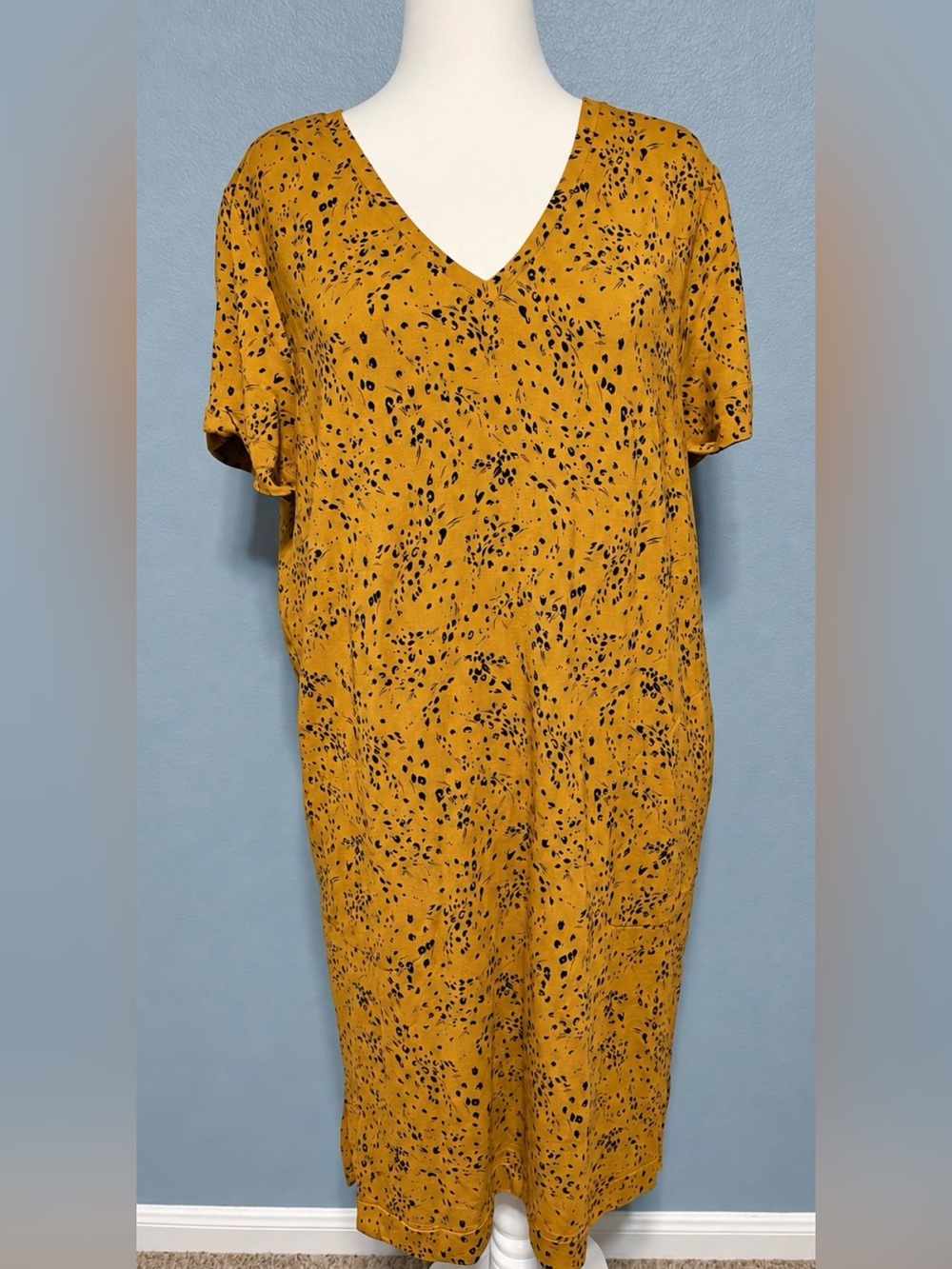Garnet Hill Mustard Animal Print Tencel Midi Dress V Neck Pockets Boho Large